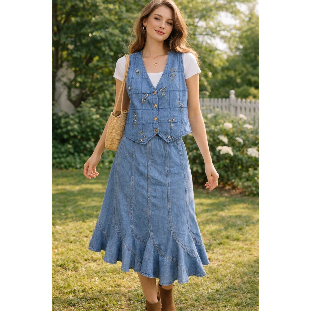 Vintage BFA Classics‎ Blue Denim Ruffle Mermaid Flounce Midi Skirt Medium